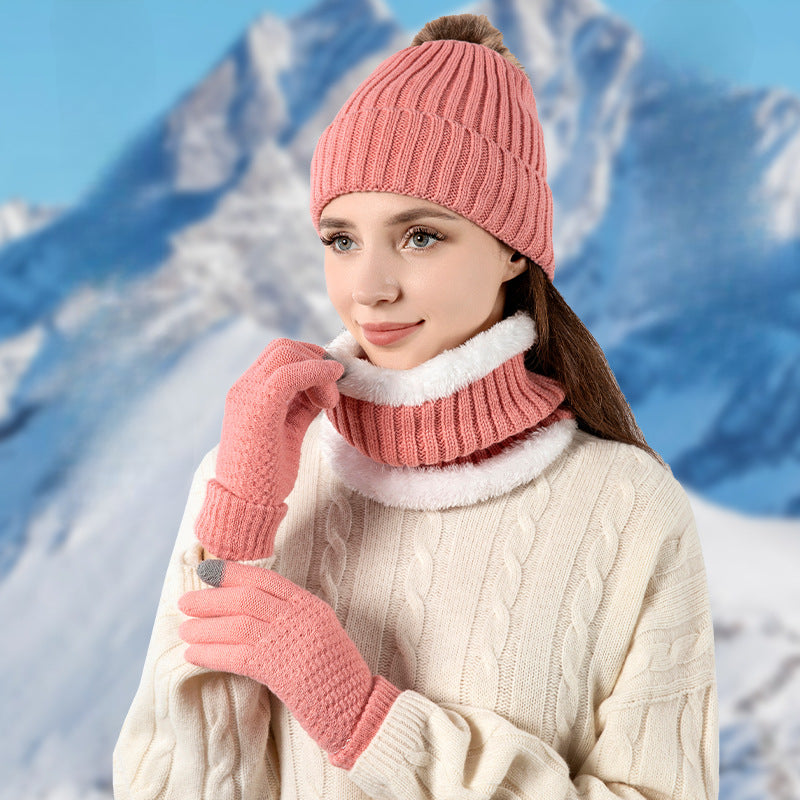 Wholesale Knitted Wool Warm Plus Velvet Thick Winter Scarf Gloves Hat Neck Three-piece Set